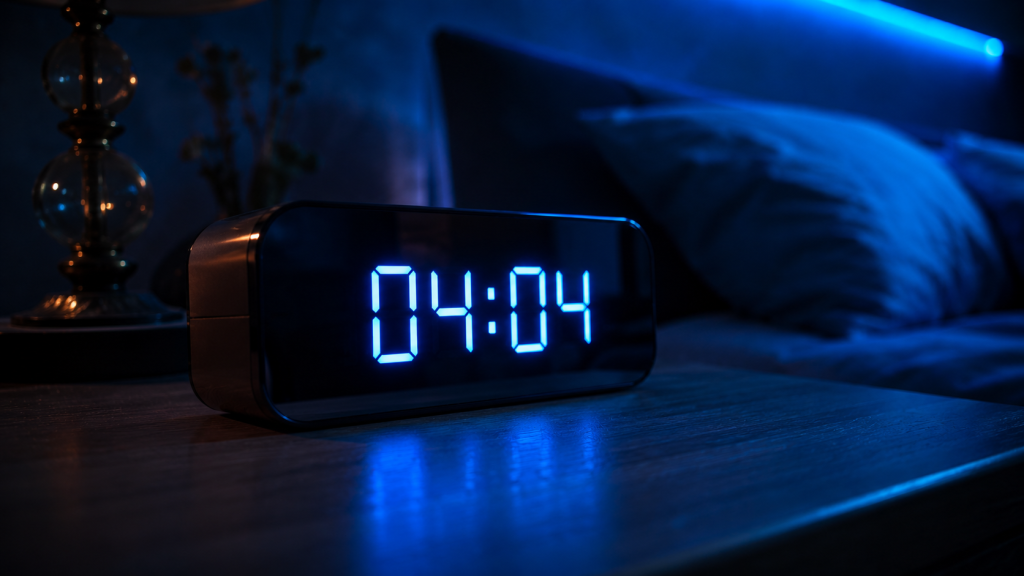 04:04 на цифровому годиннику в нічній атмосфері