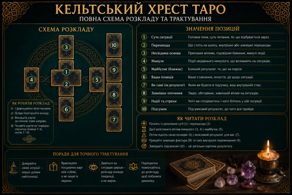 Інфографіка зі схемою розкладу Кельтський хрест Таро, значенням кожної з 10 позицій та порадами щодо читання