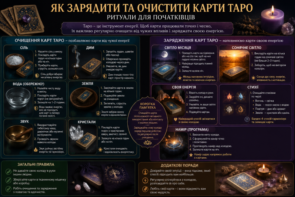 Інфографіка з методами очищення та заряджання карт Таро за допомогою солі, диму, кристалів, місячного та сонячного світла