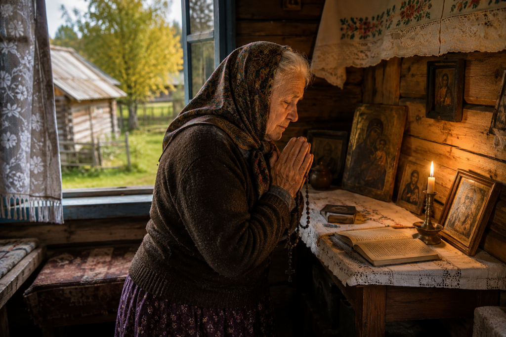 «Отче наш»: текст молитви українською, значення і коли читати Літня жінка молиться перед іконами у традиційній сільській кімнаті