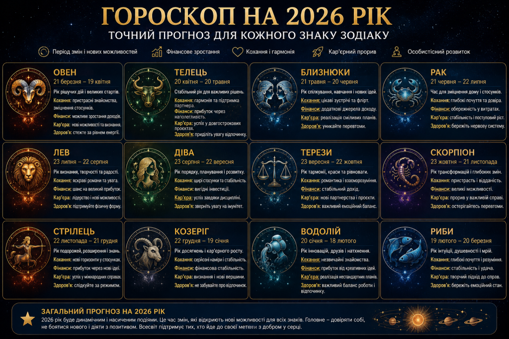 Інфографіка з гороскопом на 2026 рік для всіх дванадцяти знаків зодіаку