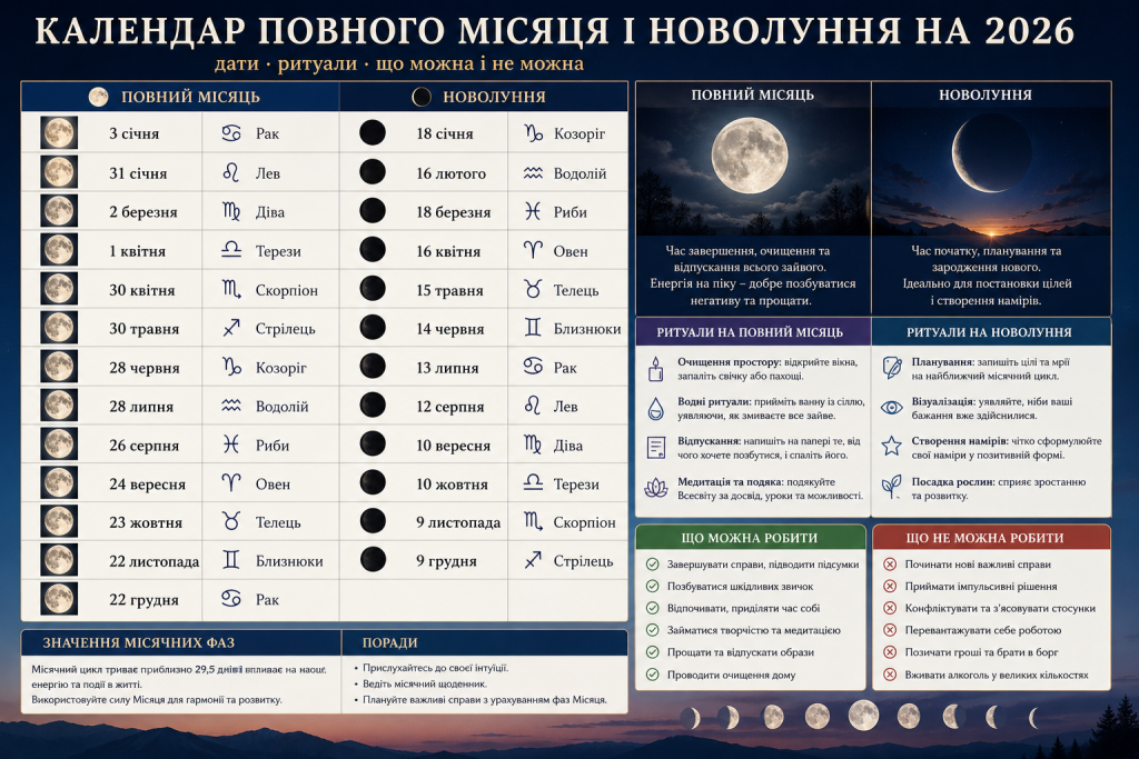 Інфографіка з календарем повного місяця і молодика на 2026 рік, датами, фазами Місяця та рекомендаціями.
