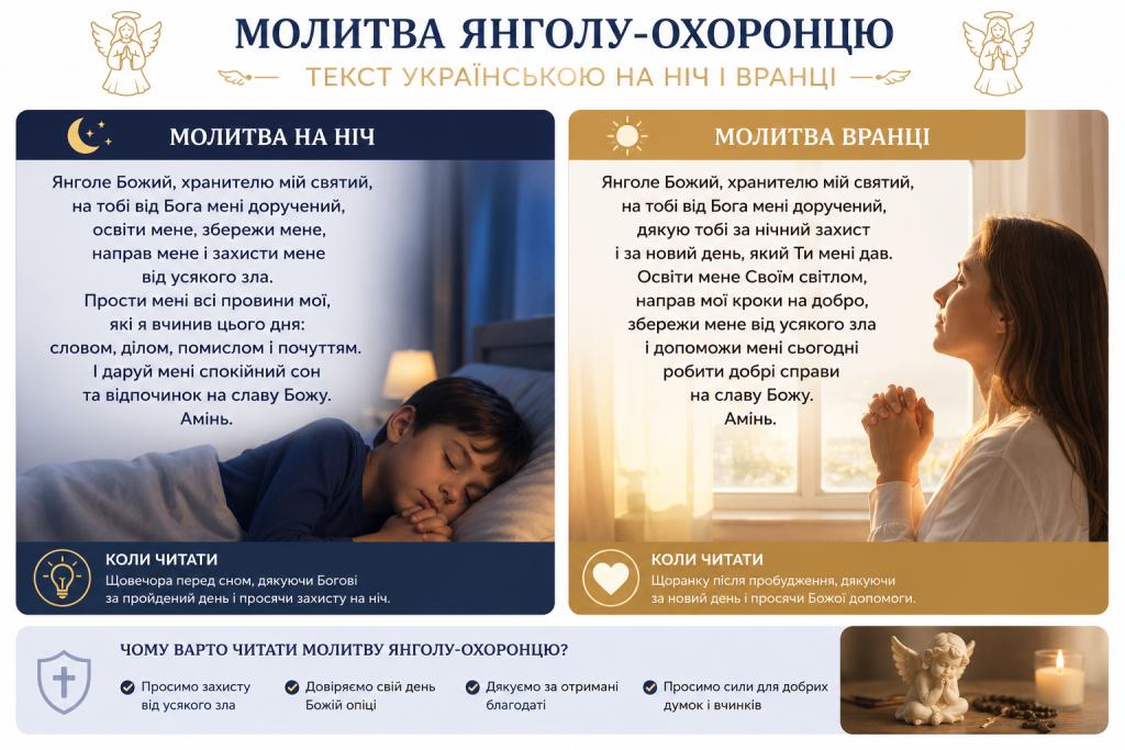 Інфографіка з текстом молитви янголу-охоронцю українською для ночі та ранку