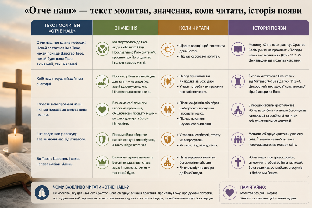 Інфографіка з текстом молитви Отче наш, її значенням та історією виникнення