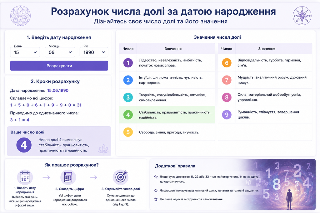 Інфографіка з інструкцією розрахунку числа долі та значеннями чисел від 1 до 9