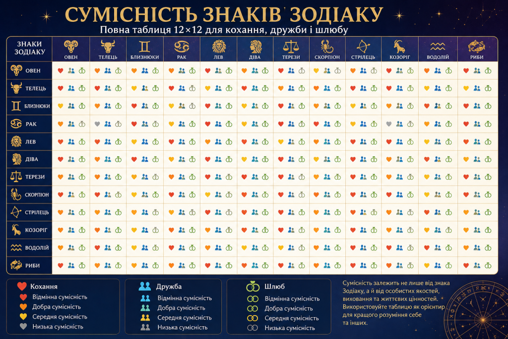 Інфографіка з таблицею сумісності знаків Зодіаку для кохання, дружби та шлюбу.