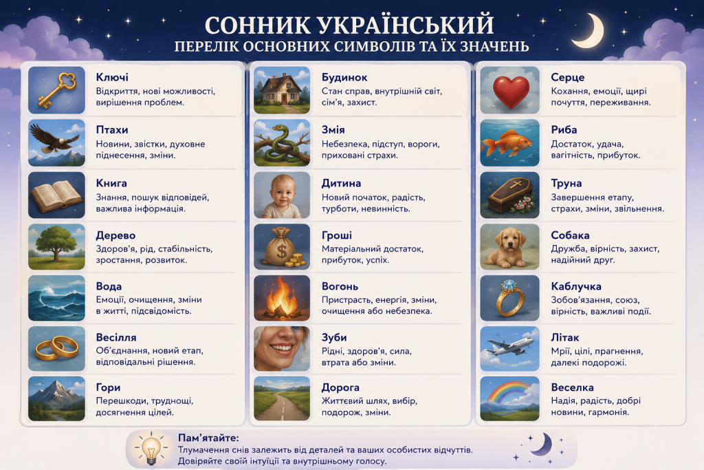Інфографіка з українським сонником — значення 21 символу снів: ключі, птахи, змія, вода, гроші, зуби, дорога, веселка та інші