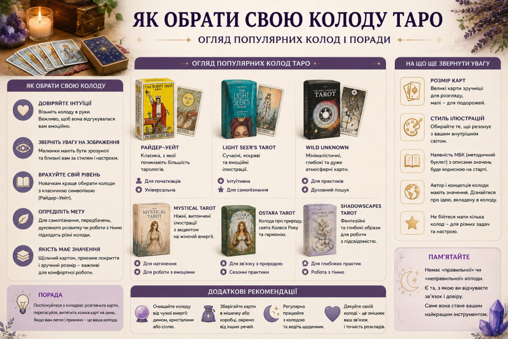 Інфографіка з порадами щодо вибору колоди Таро та оглядом популярних колод — Райдер-Уейт, Light Seer's, Wild Unknown, Mystical, Ostara та Shadowscapes