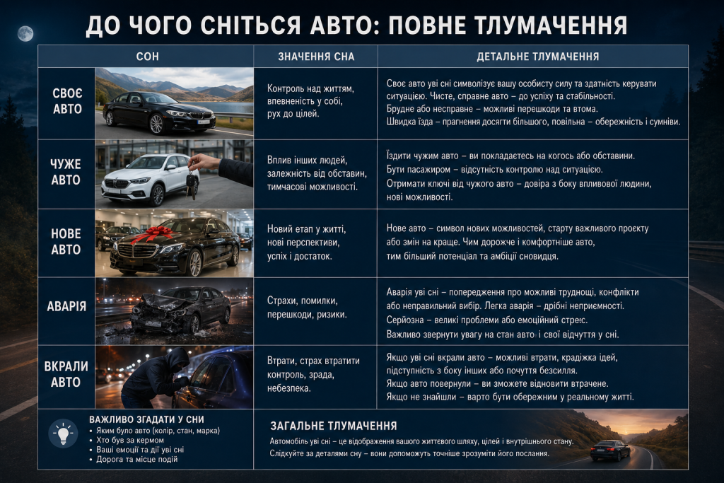 Інфографіка зі значеннями снів про власне, чуже, нове, розбите та викрадене авто