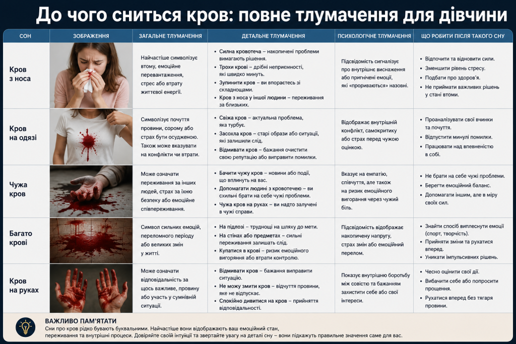 Інфографіка з тлумаченням снів про кров із носа, кров на одязі, чужу кров, багато крові та кров на руках.