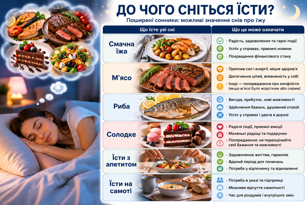 Інфографіка зі значеннями снів про м’ясо, рибу, солодощі та іншу їжу