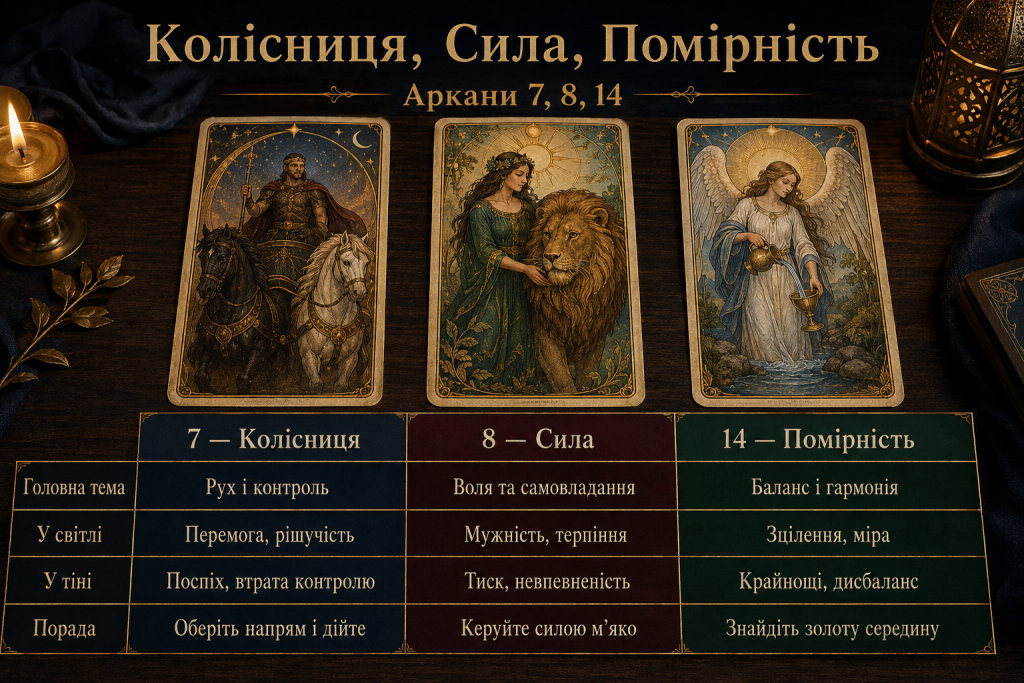 Інфографіка про значення старших арканів Таро Колісниця, Сила та Помірність у стосунках, роботі й життєвих ситуаціях