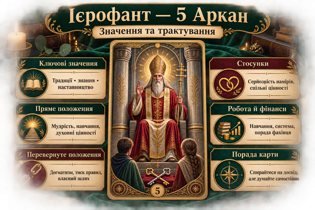 Інфографіка про значення карти Таро Ієрофант або Папа Римський у прямому та перевернутому положенні
