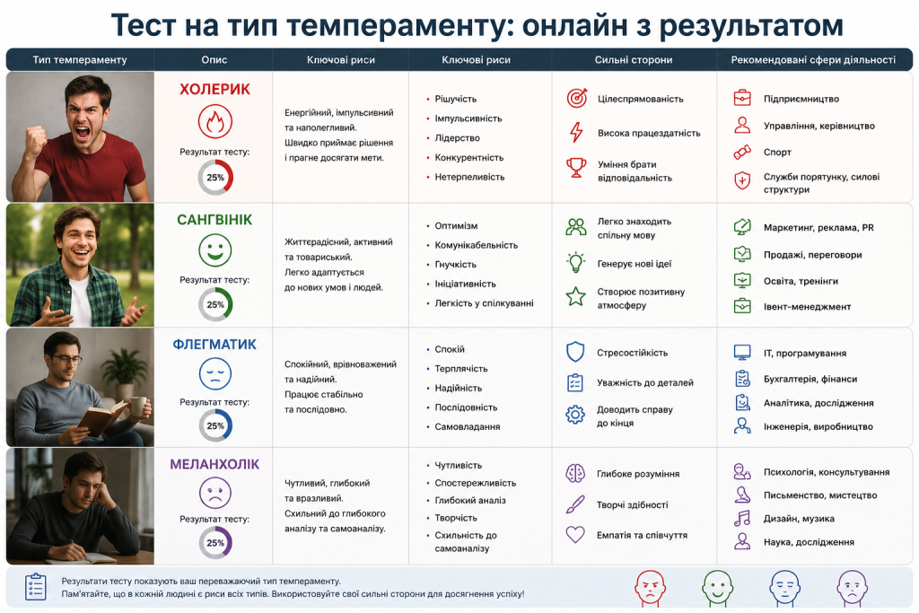 Інфографіка онлайн-тесту на темперамент із характеристиками холерика, сангвініка, флегматика та меланхоліка.